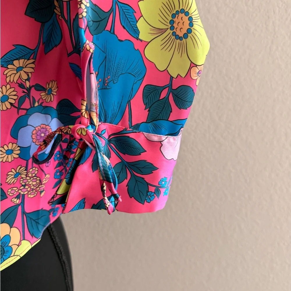 ZARA Satin Effect Floral Tie-Front Crop Top | Neon Pink Print
